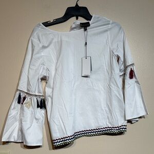 Bobeau White Blouse with Tassel Accents